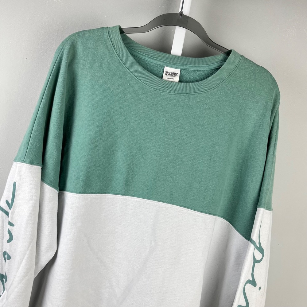 Victoria's Secret PINK Sweatshirt Womens L Green White Oversized Sleeve Spellout